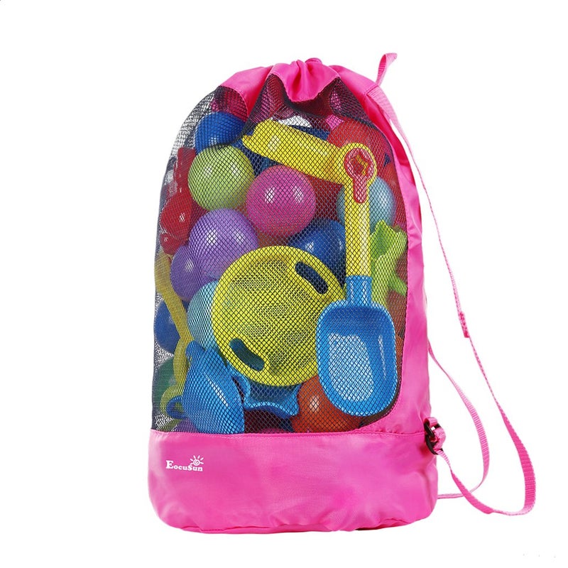 EocuSun Large Mesh Beach Bag Tote Durable Sand Away Drawstring Beach Backpack Swim and Pool Toys Balls Storage Bags Packs, Stay Away From Sand and Water, Toy Not Included, Hot Pink - Image 1